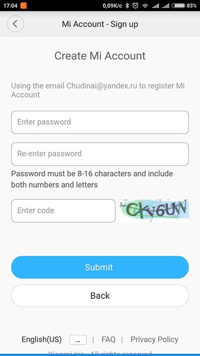 MiHome пароль аккаунта